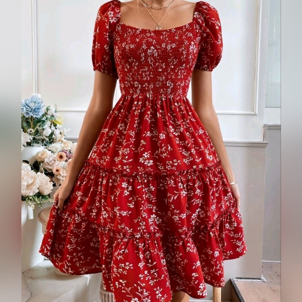 New Boho Smocked Floral Print Puffed Sleeve Tiered Dress Red White